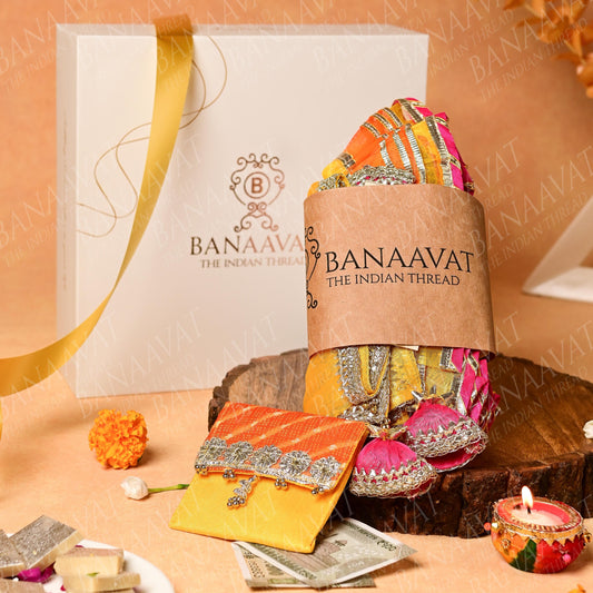 DIY Thaal Decor Set - Thaal Cover, Kalash Cover, Thaal Posh, Square Money Envelope Set - Vibrant Yellow and Orange