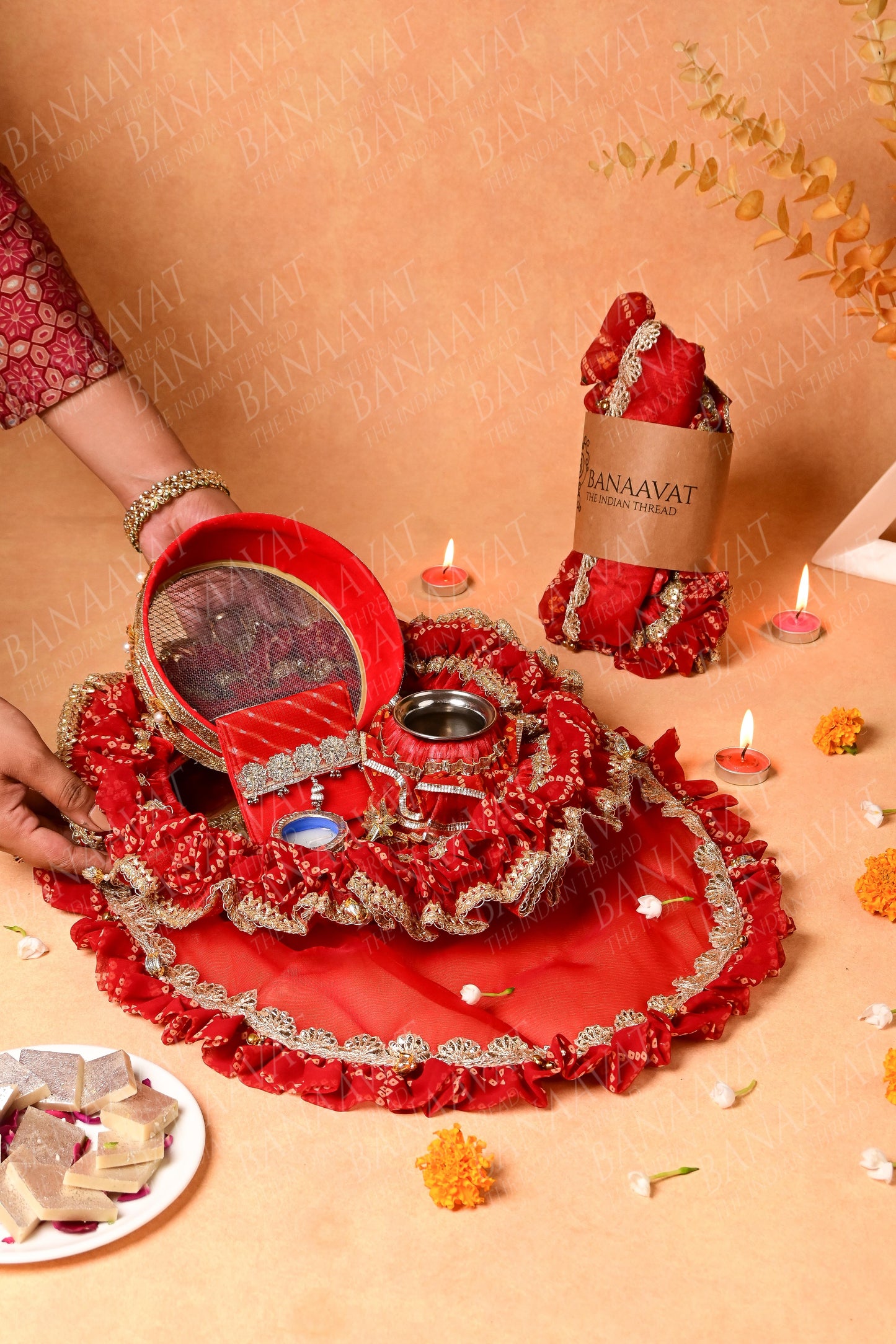 DIY Thaal Decor Set- Thaal Cover, Kalash Cover, Thaal Posh, Square Money Envelope Set - Vibrant Red Bandhej Print