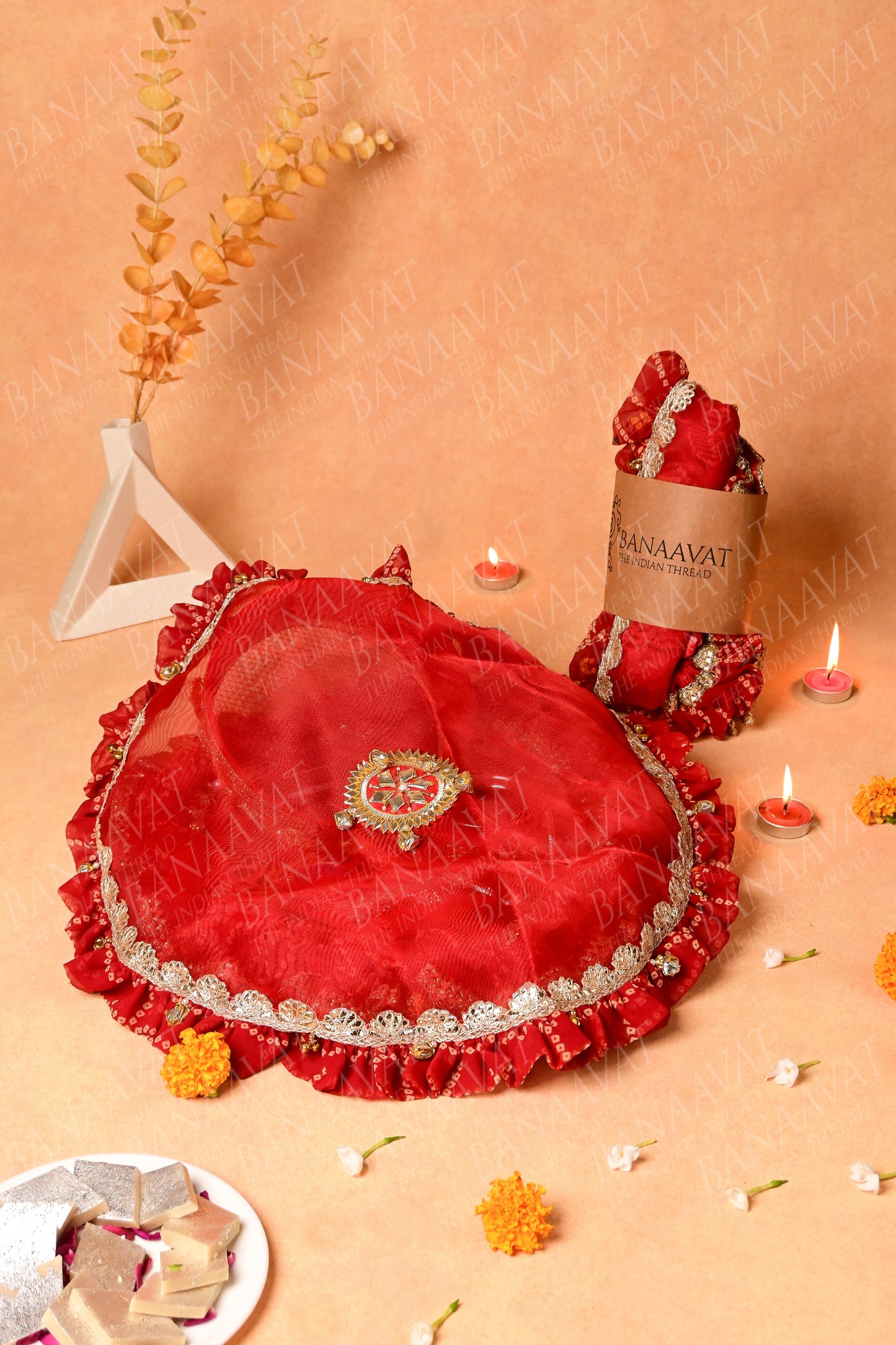 DIY Thaal Decor Set- Thaal Cover, Kalash Cover, Thaal Posh, Square Money Envelope Set - Vibrant Red Bandhej Print