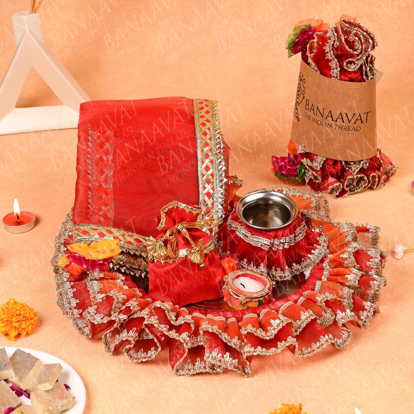 DIY Thaal Decor set - Thaal Fryll, Kalash Fryll, Thaal Posh, Mini Potli Set - Vibrant Red and Orange