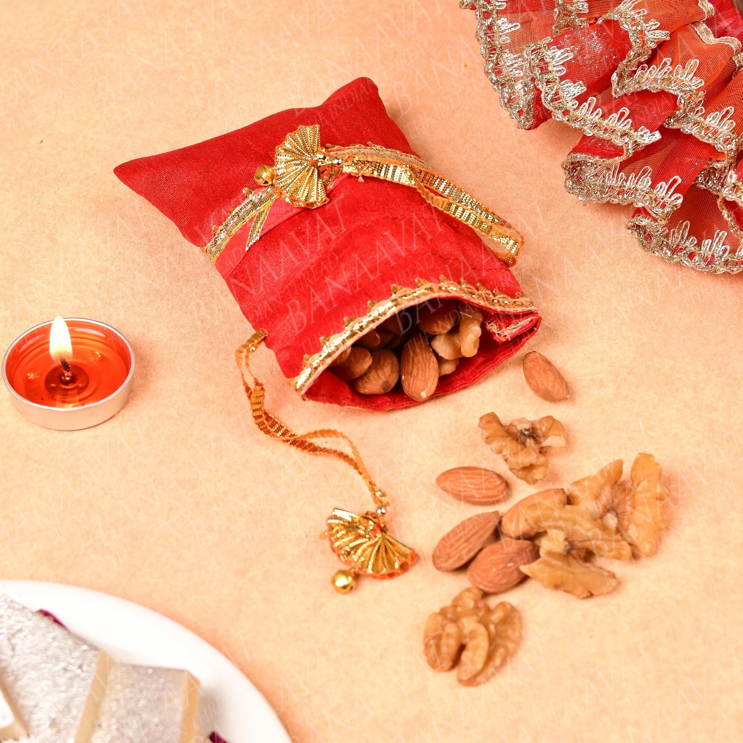 DIY Thaal Decor set - Thaal Fryll, Kalash Fryll, Thaal Posh, Mini Potli Set - Vibrant Red and Orange
