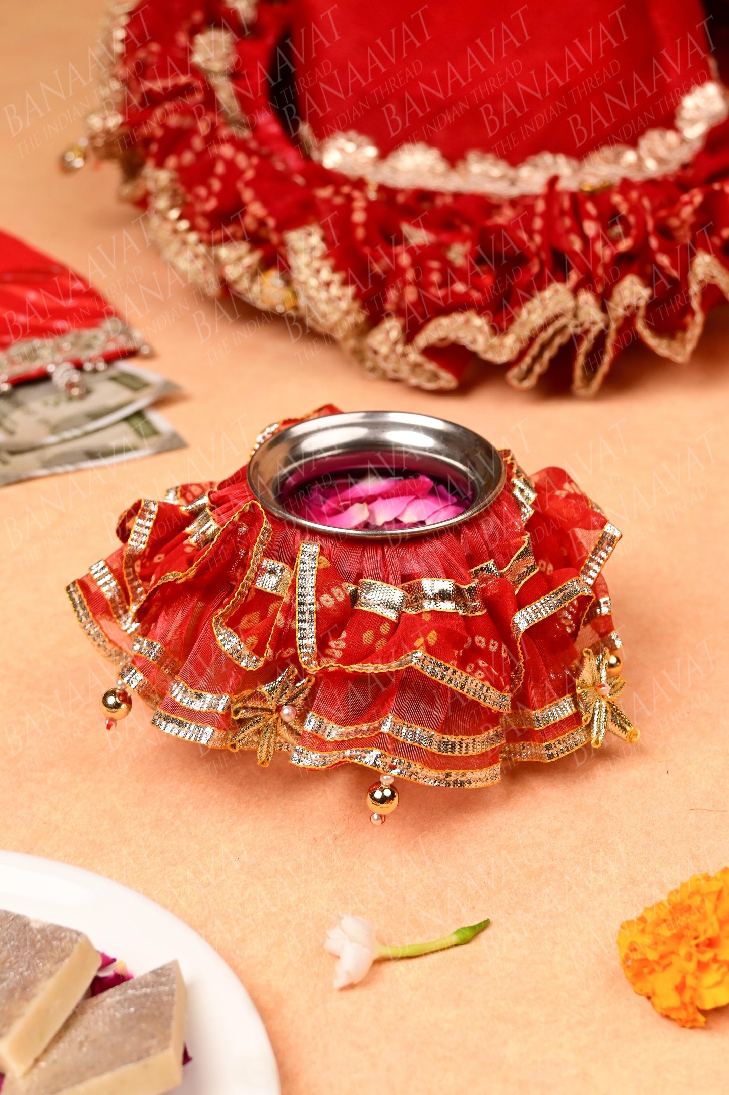 DIY Thaal Decor Set- Thaal Cover, Kalash Cover, Thaal Posh, Square Money Envelope Set - Vibrant Red Bandhej Print