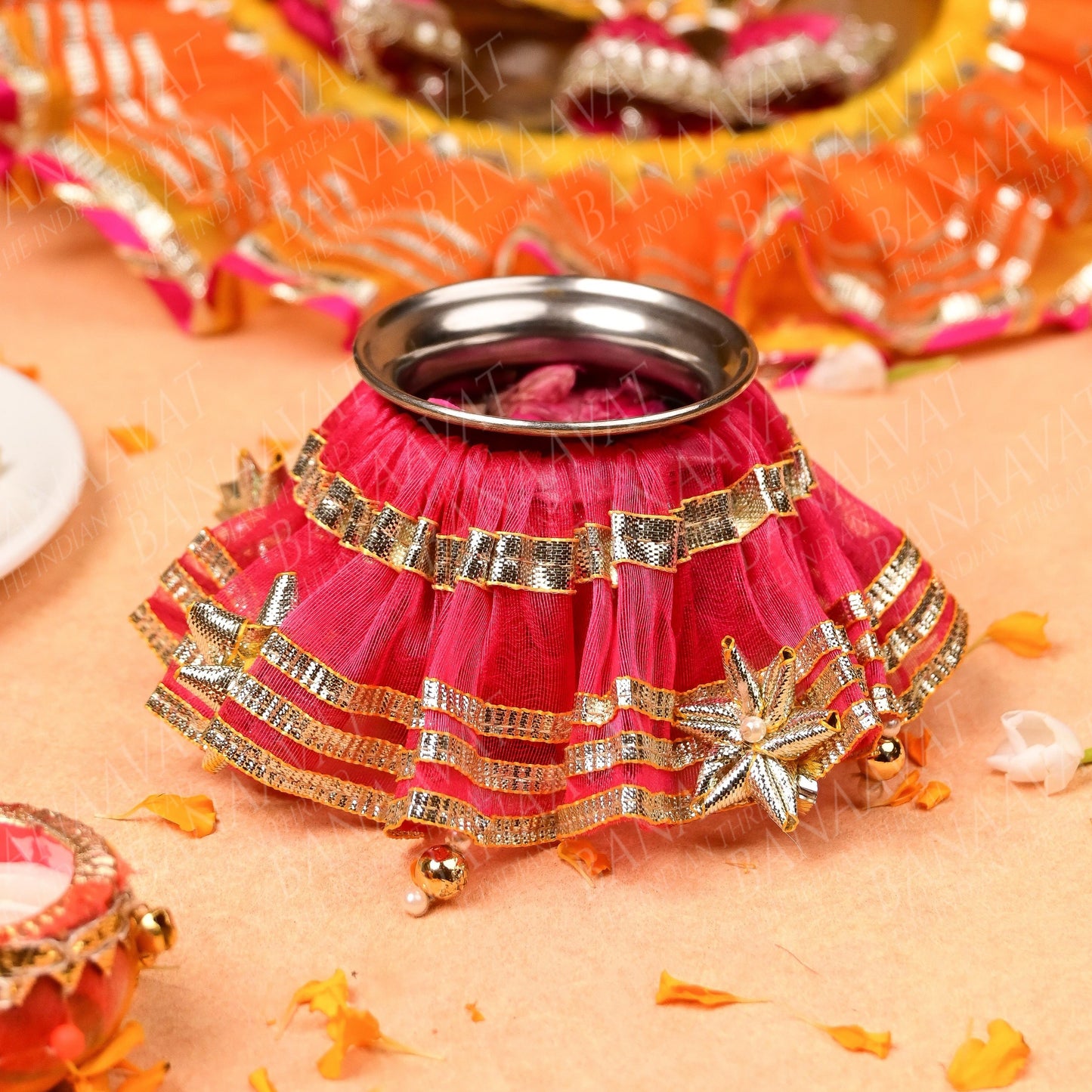 DIY Thaal Decor Set -  Thaal Cover, Kalash Cover, Thaal Posh Set - Vibrant Hot Pink