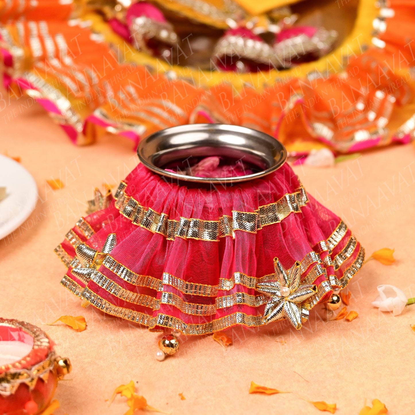 DIY Thaal Decor Set - Thaal Cover, Kalash Cover, Thaal Posh, Square Money Envelope Set - Vibrant Yellow and Orange