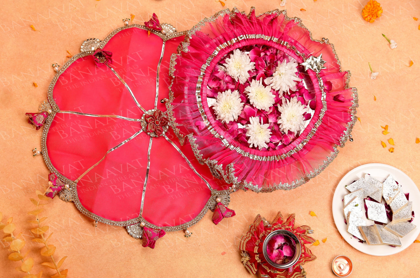 DIY Thaal Decor Set -  Thaal Cover, Kalash Cover, Thaal Posh Set - Vibrant Hot Pink