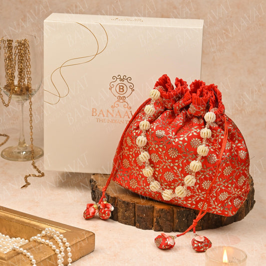 Brocade Potli Purse with Pearl Handle and Tassels