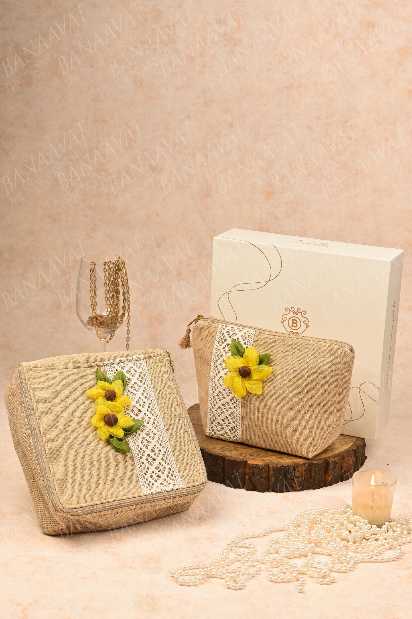Jute Organizer Combo Set with Handcrafted Sunflower Embellishments - Organize in Style