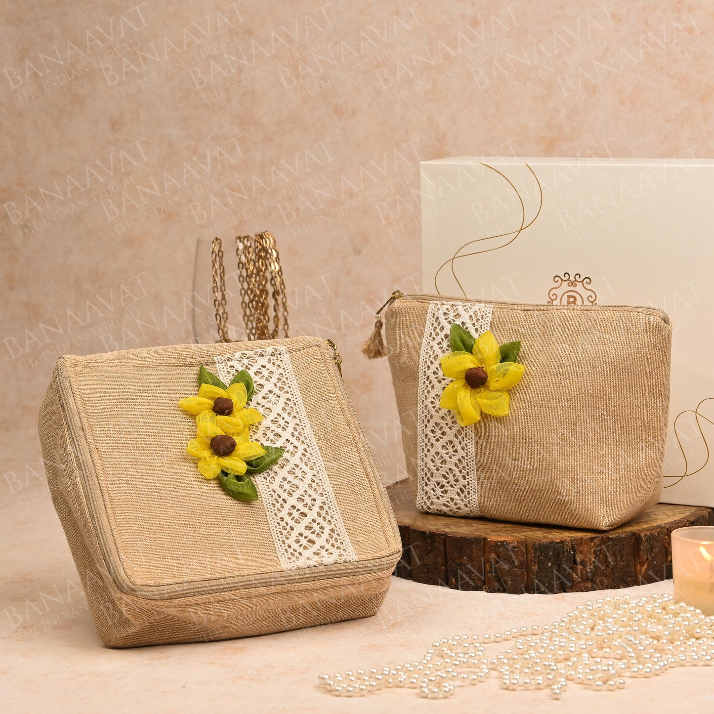 Jute Organizer Combo Set with Handcrafted Sunflower Embellishments - Organize in Style