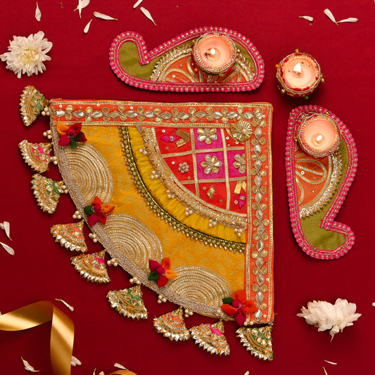 3-Piece Handcrafted Fabric Corner Rangoli with Diya Set – Eco-Friendly & Reusable Décor