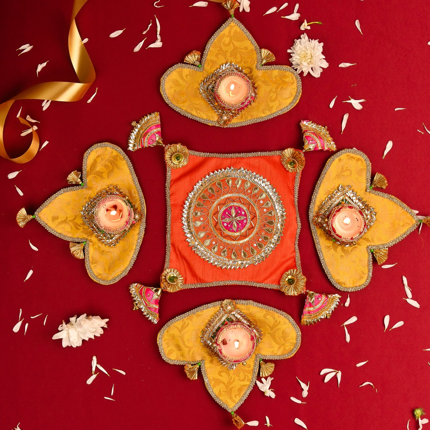 4-Piece Handcrafted Fabric Center Rangoli with Diya Set – Eco-Friendly & Reusable Décor
