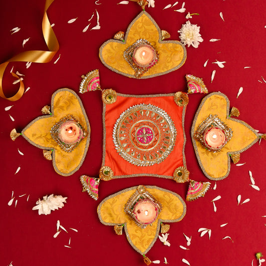 4-Piece Handcrafted Fabric Center Rangoli with Diya Set – Eco-Friendly & Reusable Décor