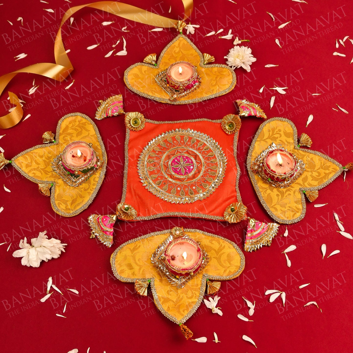 Diwali Gift Hamper Set - Handcrafted Center Rangoli, Laxmi Charan, Shubh Laabh, and Laxmi Ganesh Aasan