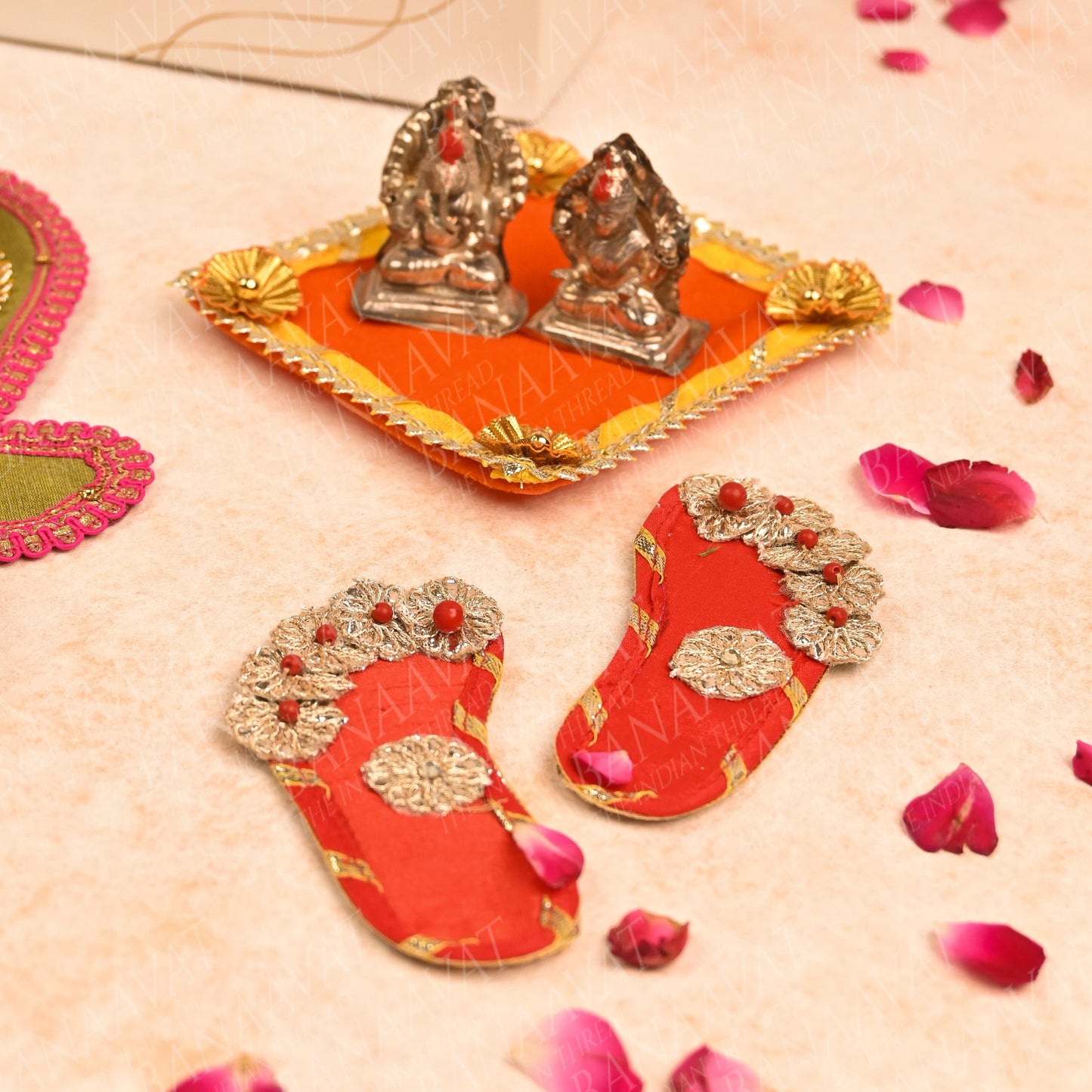 Diwali Gift Hamper Set - Handcrafted Corner Rangoli, Laxmi Charan, Shubh Laabh, and Laxmi Ganesh Aasan