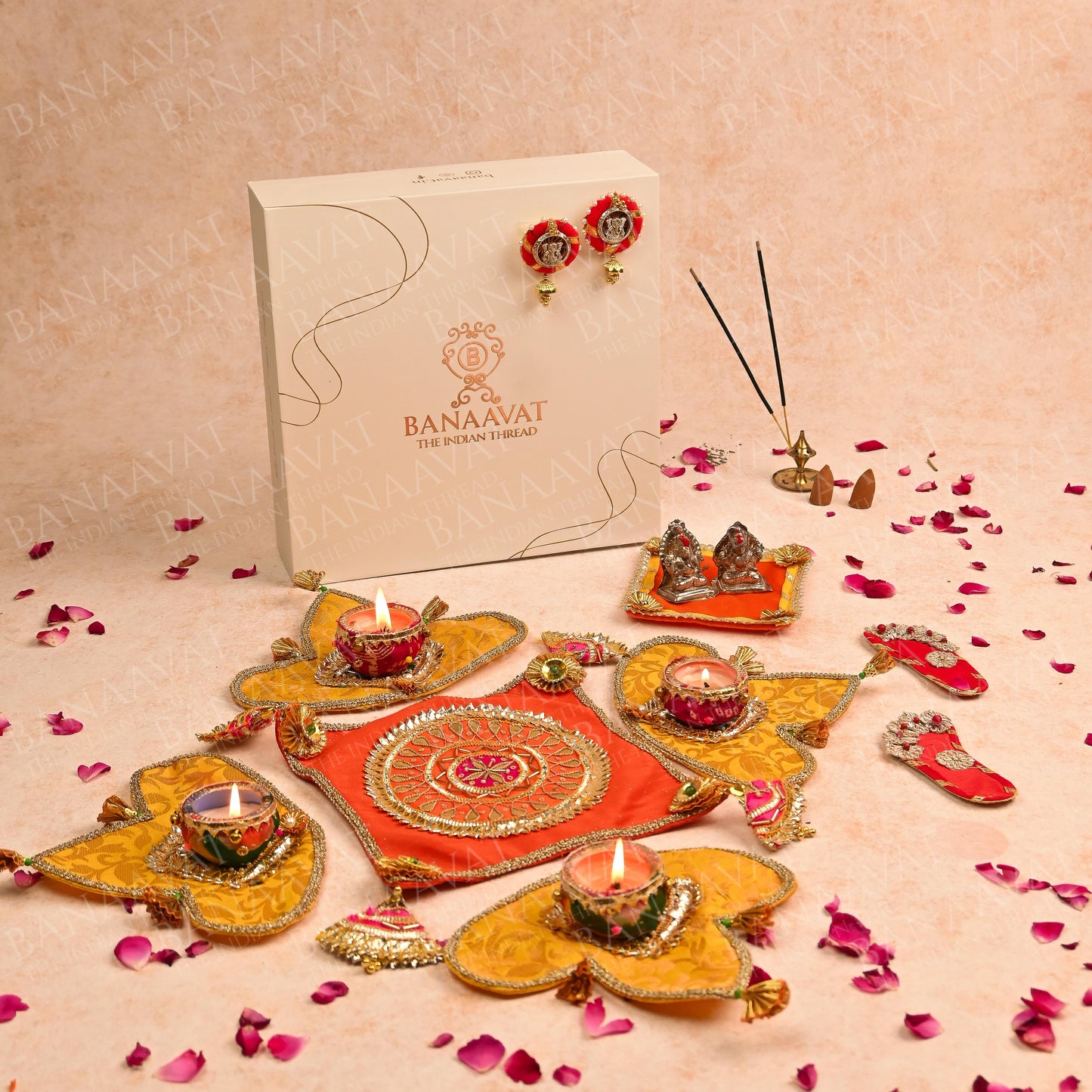 Diwali Gift Hamper Set - Handcrafted Center Rangoli, Laxmi Charan, Shubh Laabh, and Laxmi Ganesh Aasan