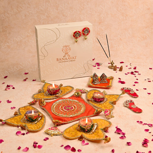 Diwali Gift Hamper Set - Handcrafted Center Rangoli, Laxmi Charan, Shubh Laabh, and Laxmi Ganesh Aasan
