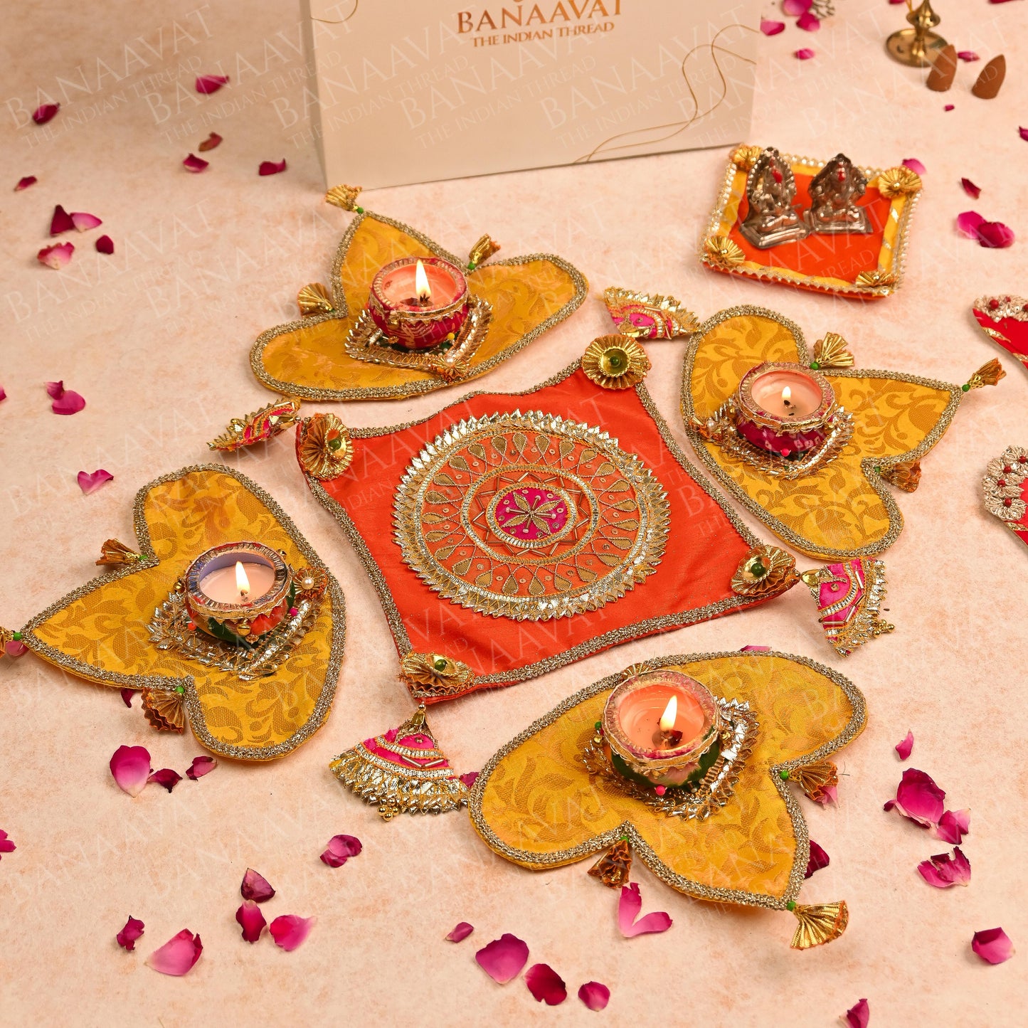 Diwali Gift Hamper Set - Handcrafted Center Rangoli, Laxmi Charan, Shubh Laabh, and Laxmi Ganesh Aasan