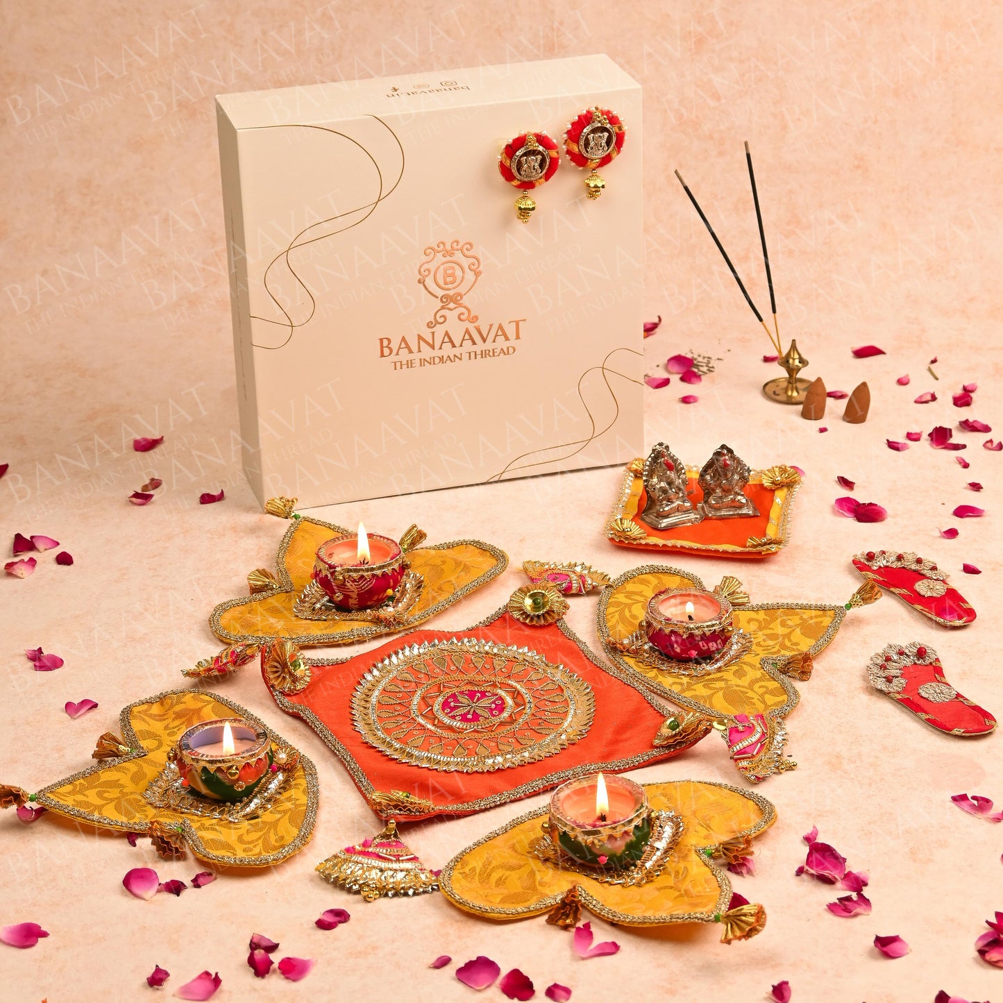 Diwali Gift Hamper Set - Handcrafted Center Rangoli, Laxmi Charan, Shubh Laabh, and Laxmi Ganesh Aasan