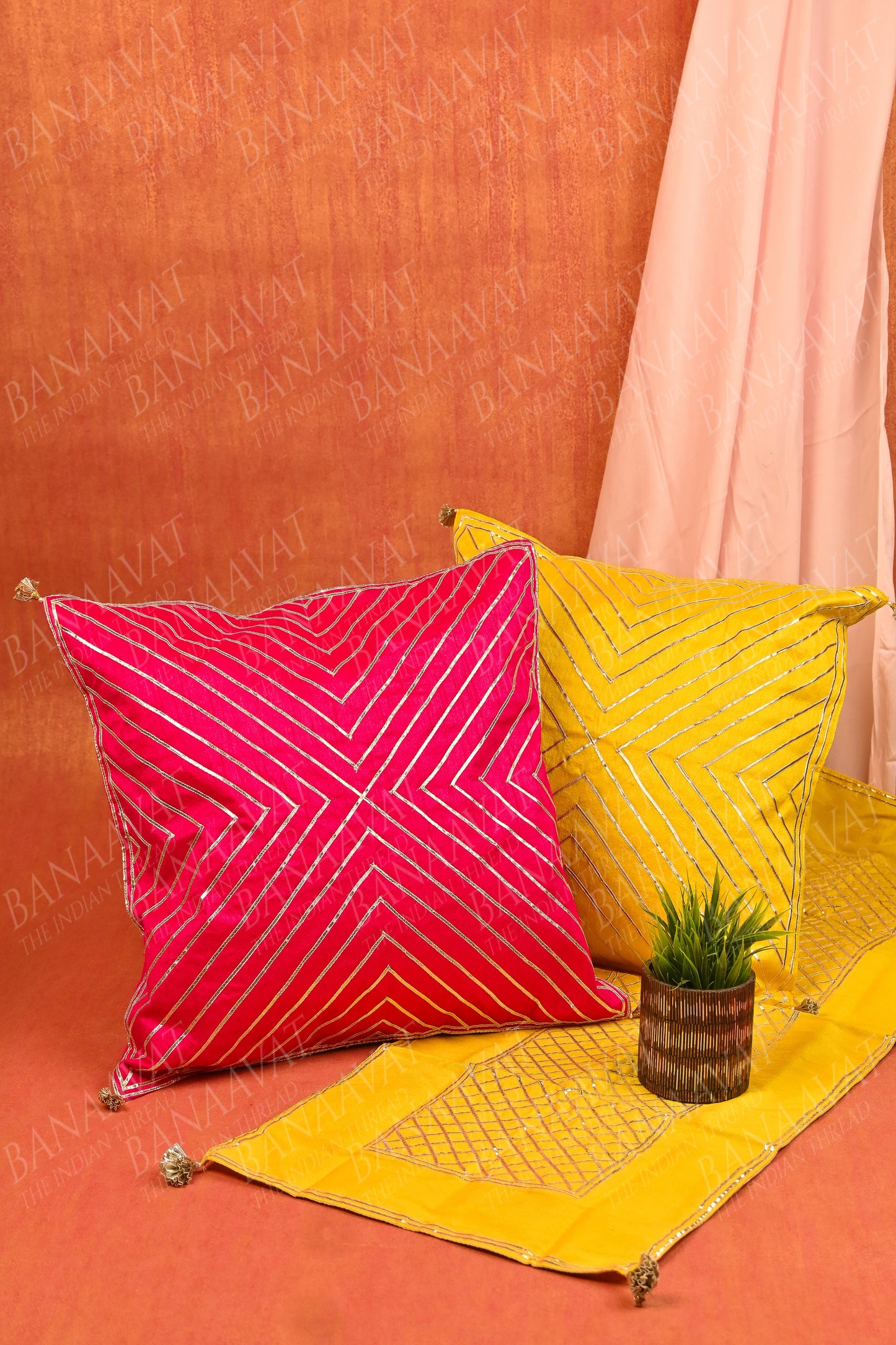 Elegant Gota Line Cushion Covers (Set of  5), along with matching Runner