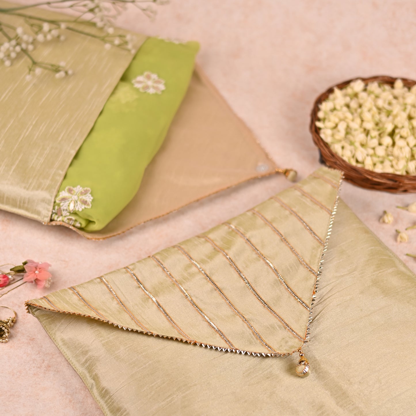 Saanjh Collection Saree Cover - 40x40 cm with Brocade Flap | Pastel Pista Green color