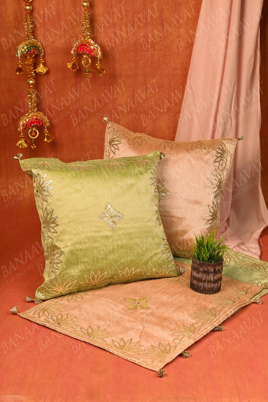 Set of 5 Gota Patti Lotus Petals Cushion Covers (16x16 inch) - Beige and Green"
