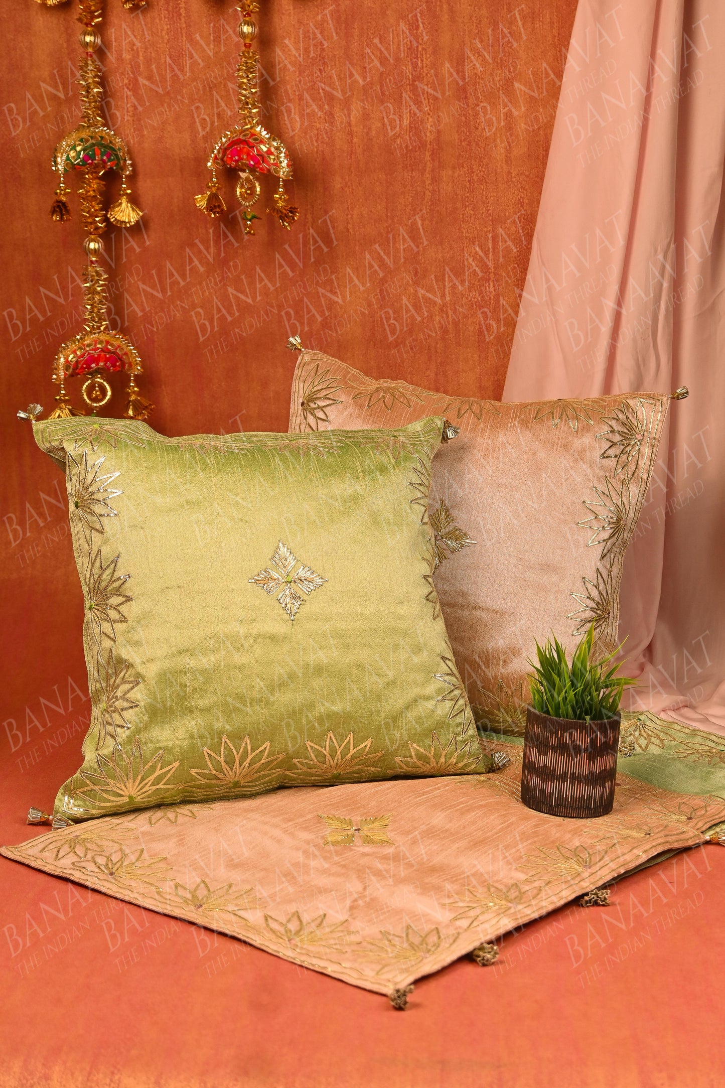Set of 5 Gota Patti Lotus Petals Cushion Covers (16x16 inch) - Beige and Green"