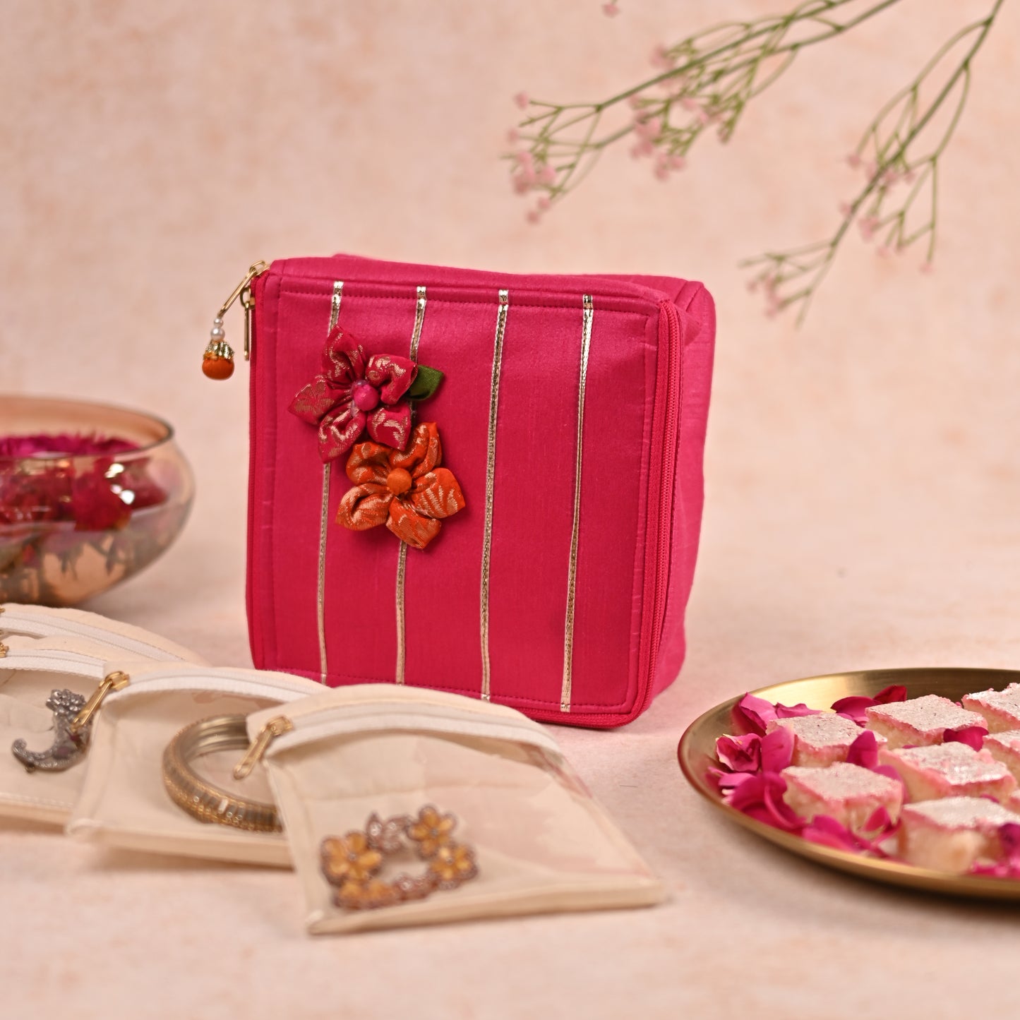 Gulnar Collection - 5-Piece Set: Saree Cover, Favor Potlis, Jewelry Organizer with Detachable Pouches, Coin Pouch, Money Envelope