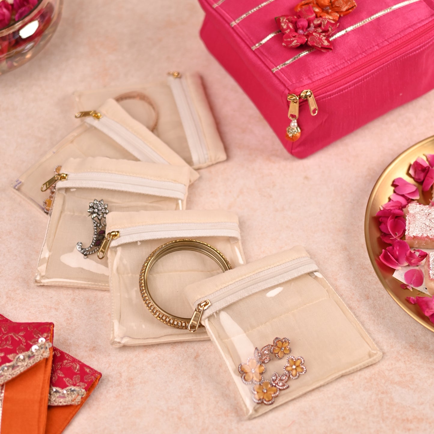 Gulnar Collection - 5-Piece Set: Saree Cover, Favor Potlis, Jewelry Organizer with Detachable Pouches, Coin Pouch, Money Envelope