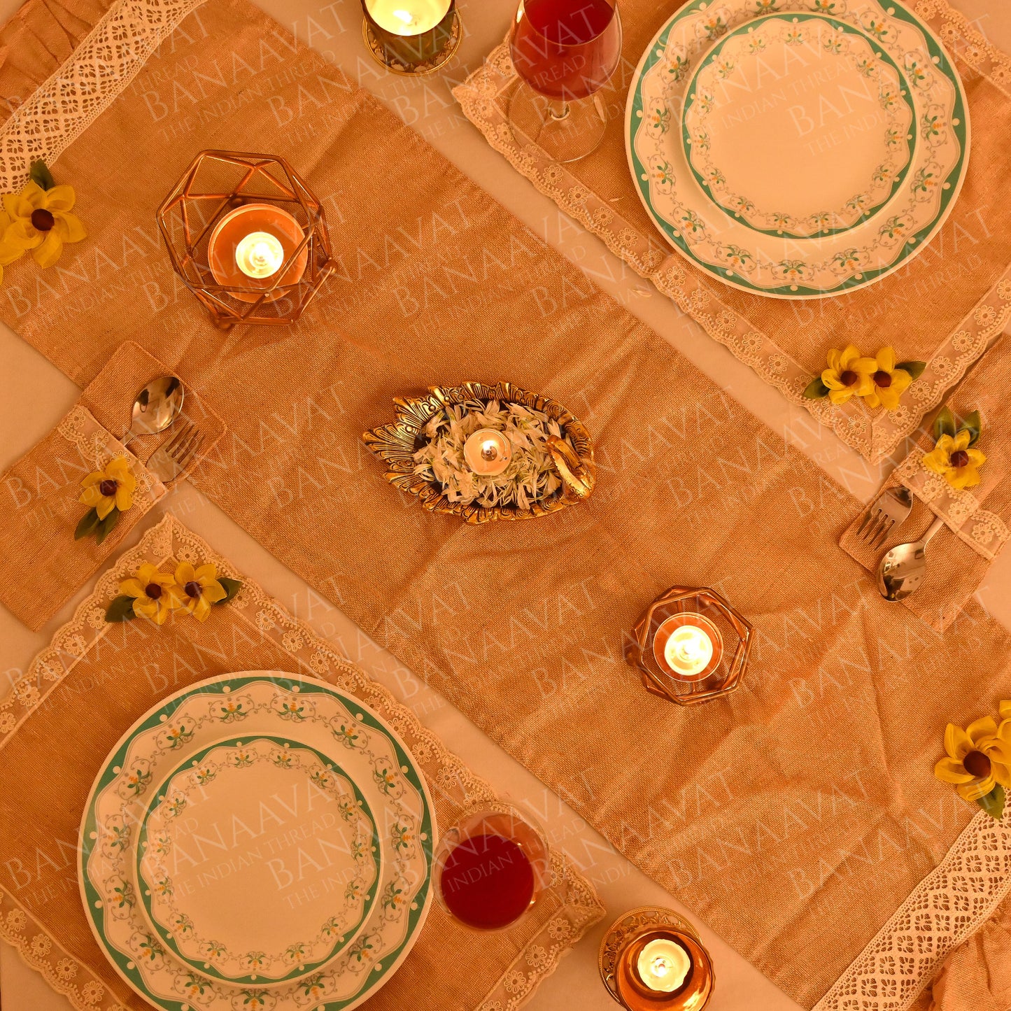 Jute Table Decor Set - Placemats, Runner, Cutlery Organizers