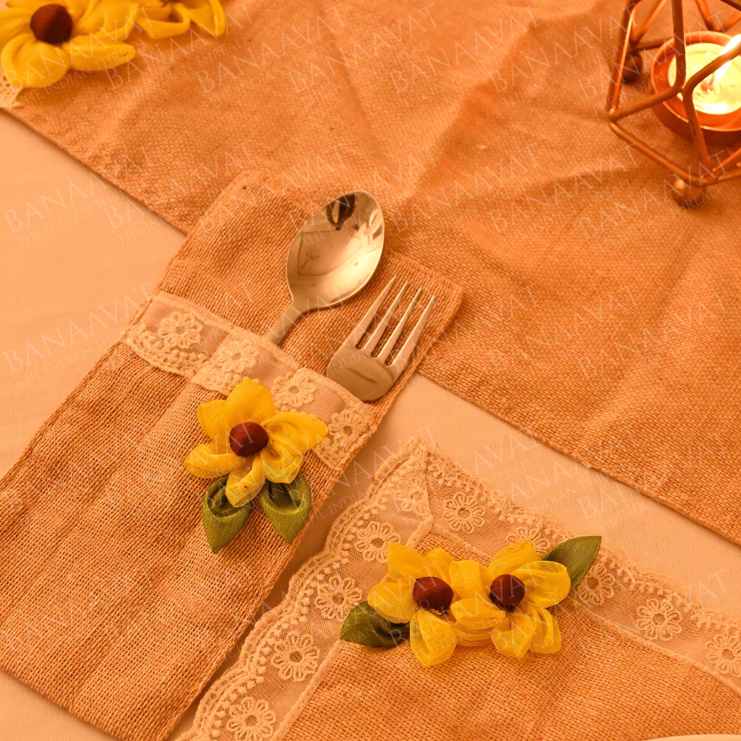 Jute Table Decor Set - Placemats, Runner, Cutlery Organizers