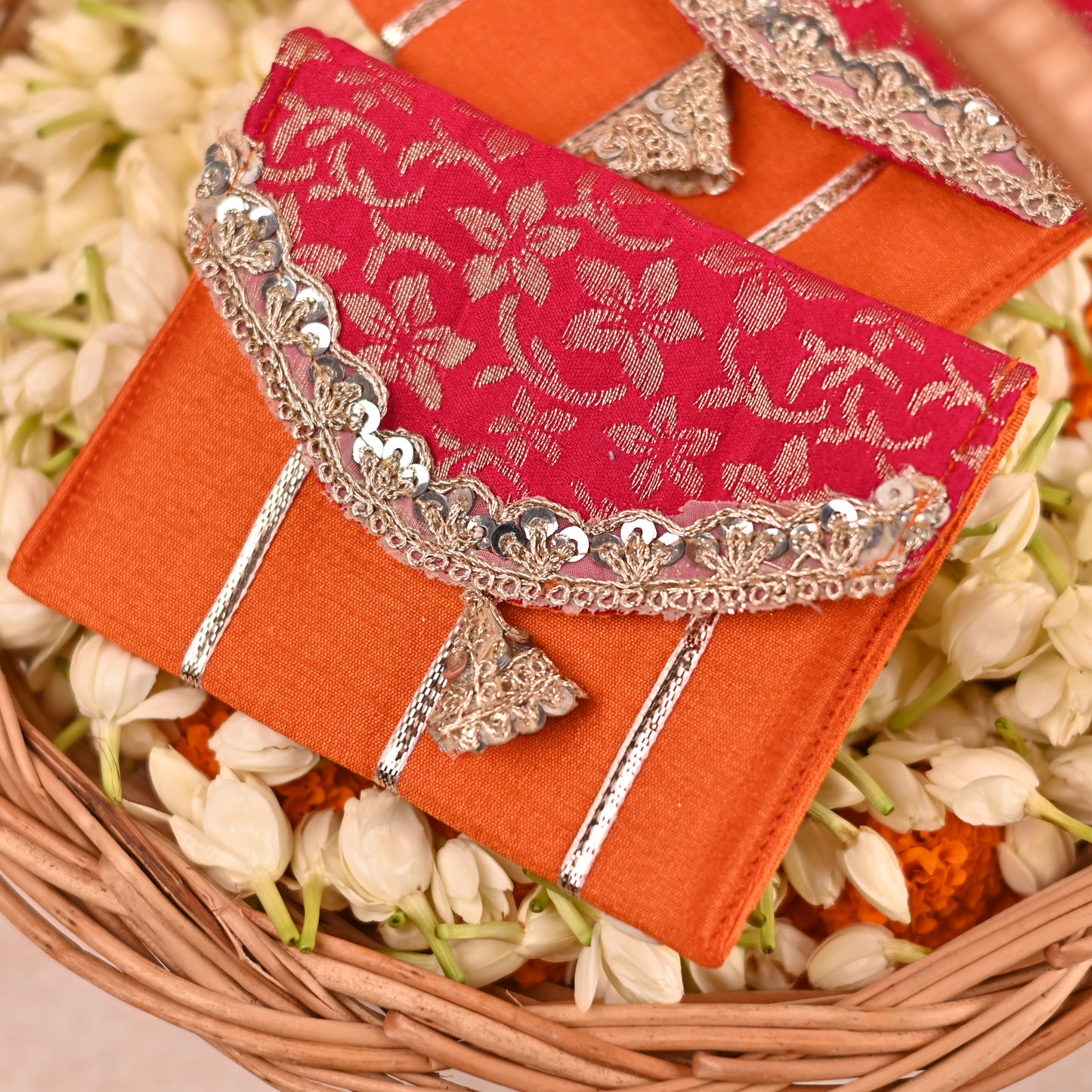 Hot Pink and Orange Coin Pouch with Brocade Flap - Gulnar Collection