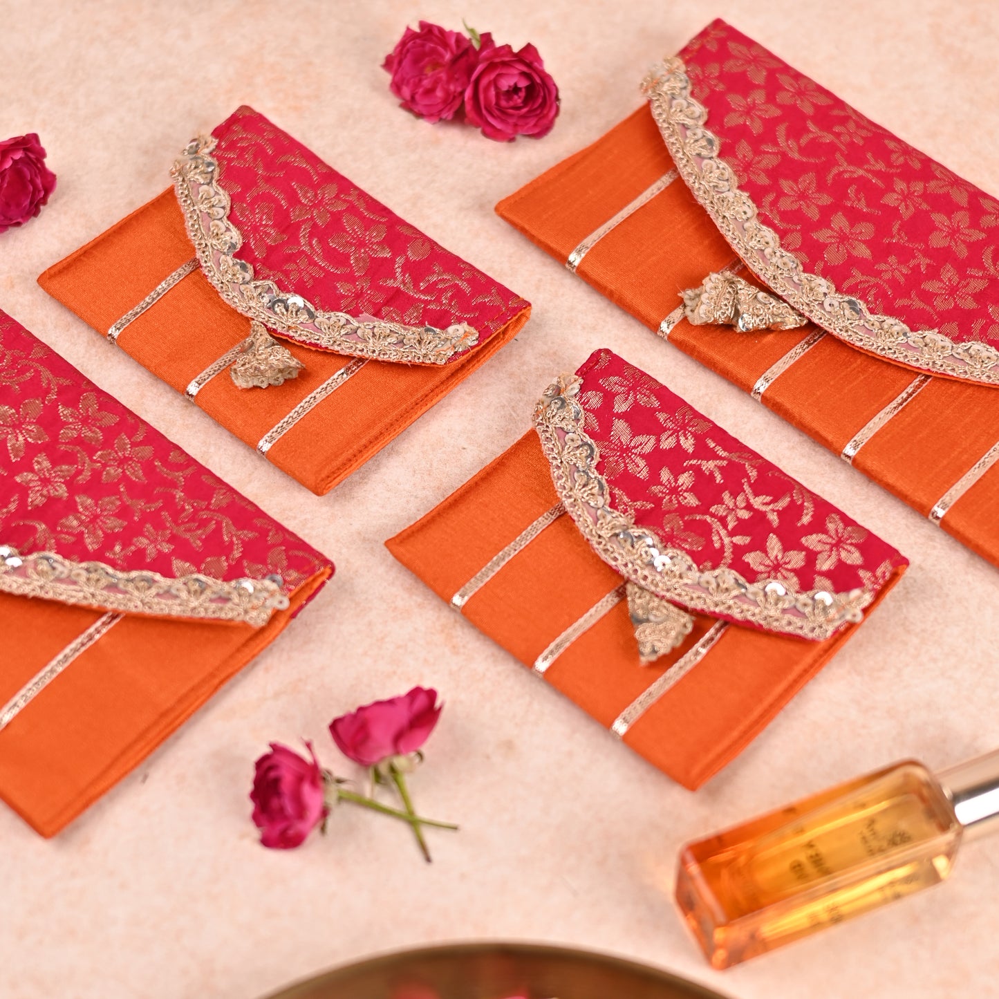 Hot Pink and Orange Coin Pouch with Brocade Flap - Gulnar Collection