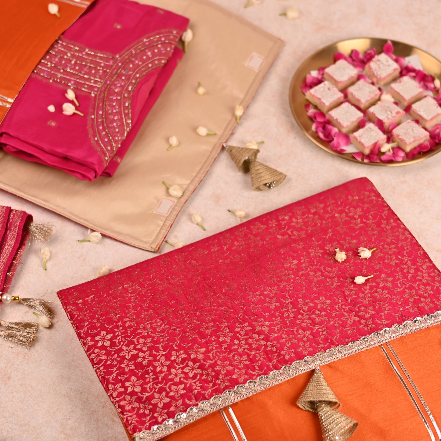 Gulnar Collection Saree Cover - 40x40 cm with Brocade Flap | Hot Pink and Orange Color