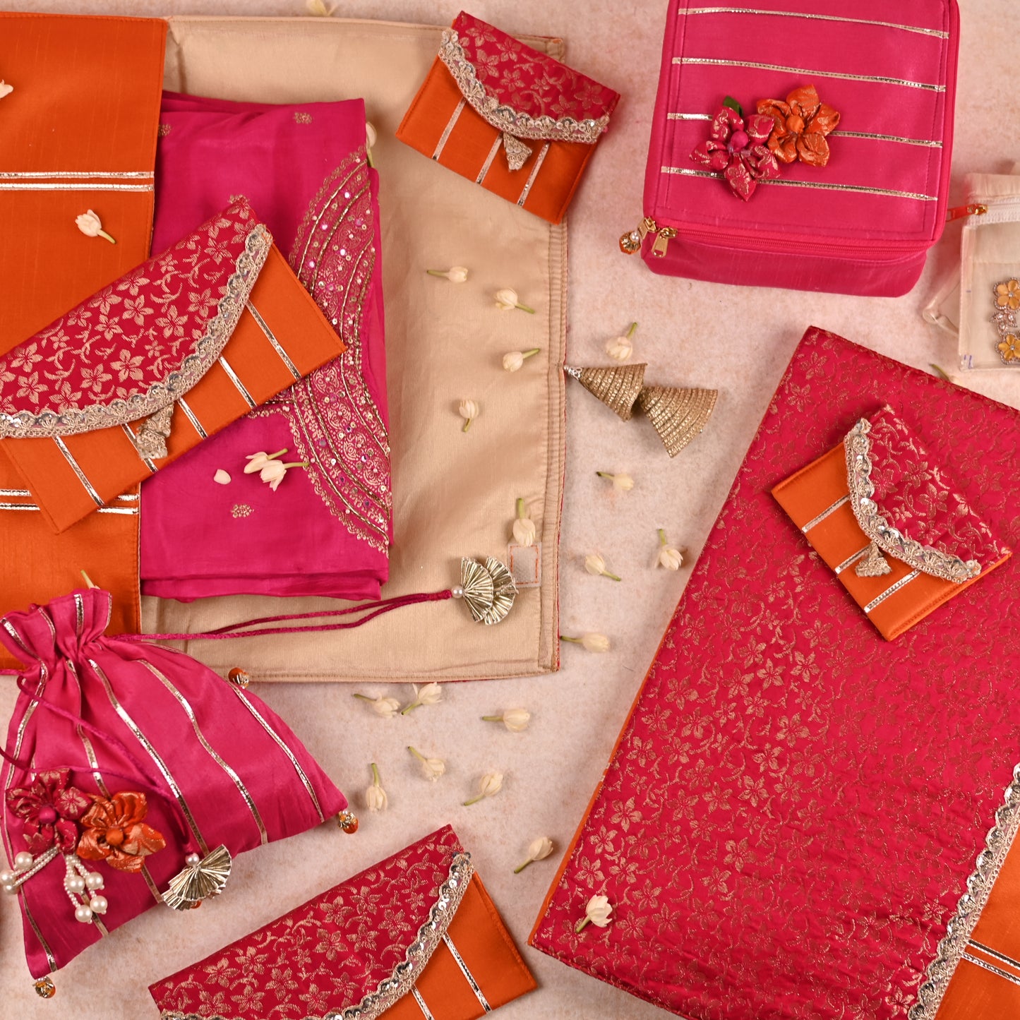 Gulnar Collection - 5-Piece Set: Saree Cover, Favor Potlis, Jewelry Organizer with Detachable Pouches, Coin Pouch, Money Envelope