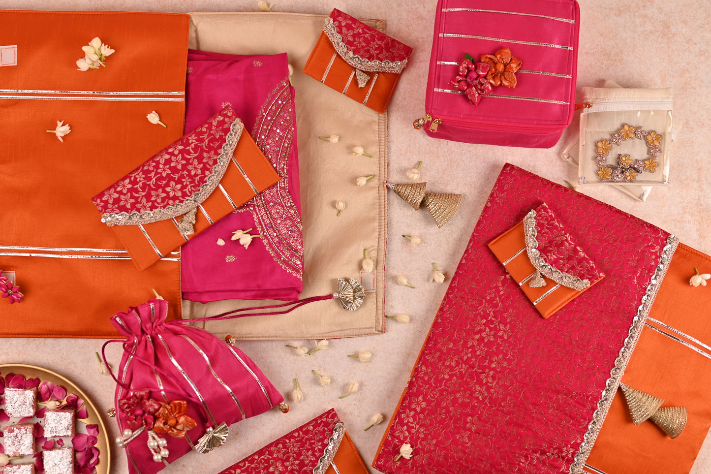 Gulnar Collection - 5-Piece Set: Saree Cover, Favor Potlis, Jewelry Organizer with Detachable Pouches, Coin Pouch, Money Envelope