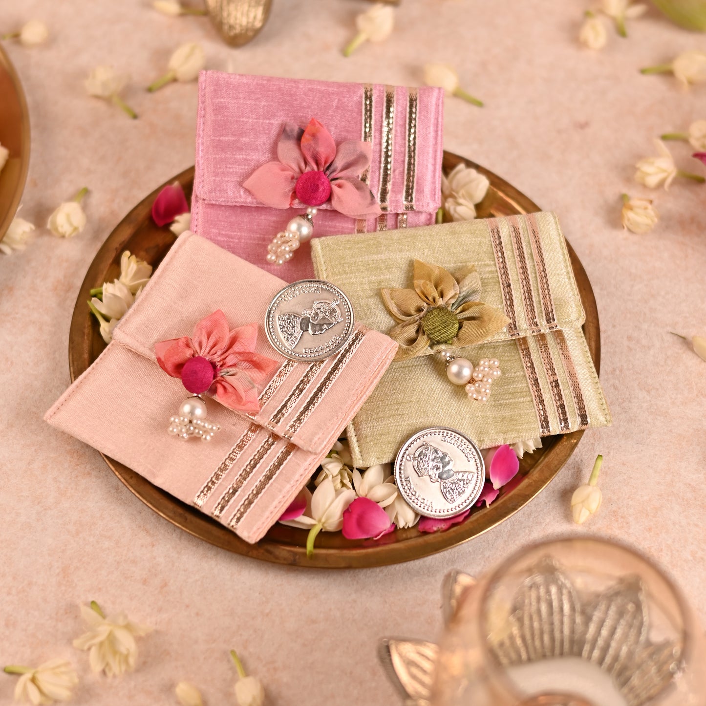 Banaavat Essence Silk Coin Pouch Set of 2 – Handcrafted Sunflower Flap & Pearl Embellishments (3.5"x3.5")