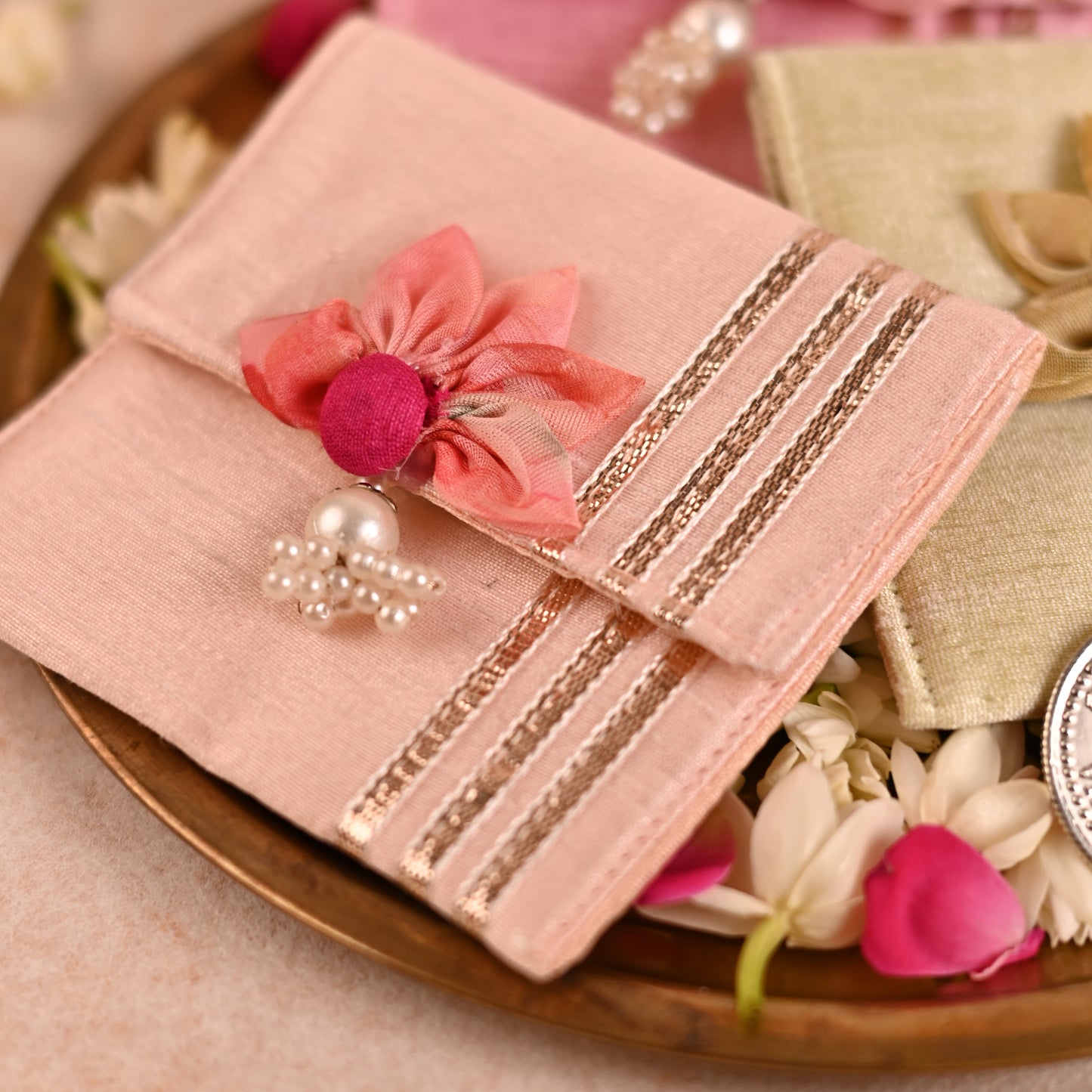 Banaavat Essence Silk Coin Pouch Set of 2 – Handcrafted Sunflower Flap & Pearl Embellishments (3.5"x3.5")