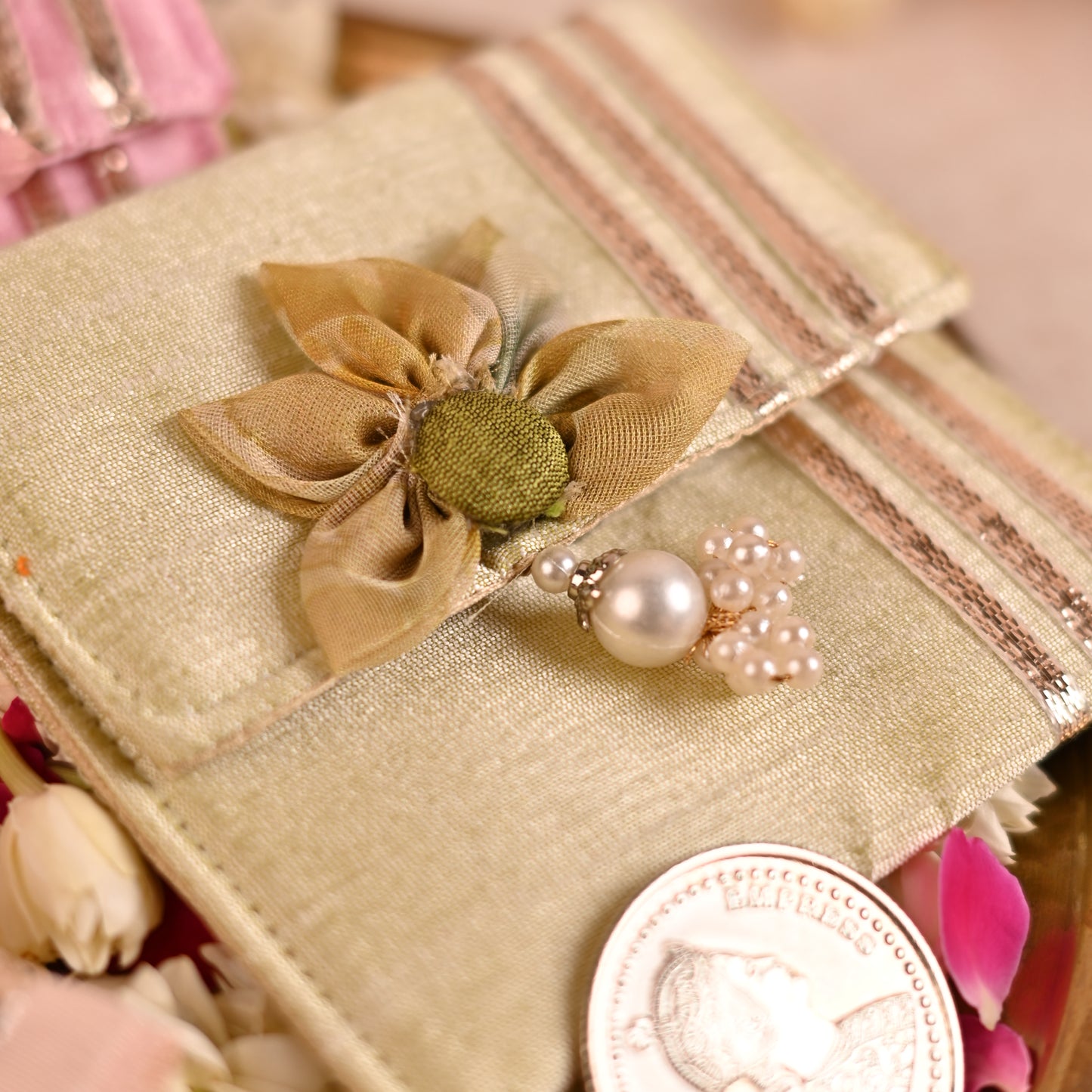 Banaavat Essence Silk Coin Pouch Set of 2 – Handcrafted Sunflower Flap & Pearl Embellishments (3.5"x3.5")