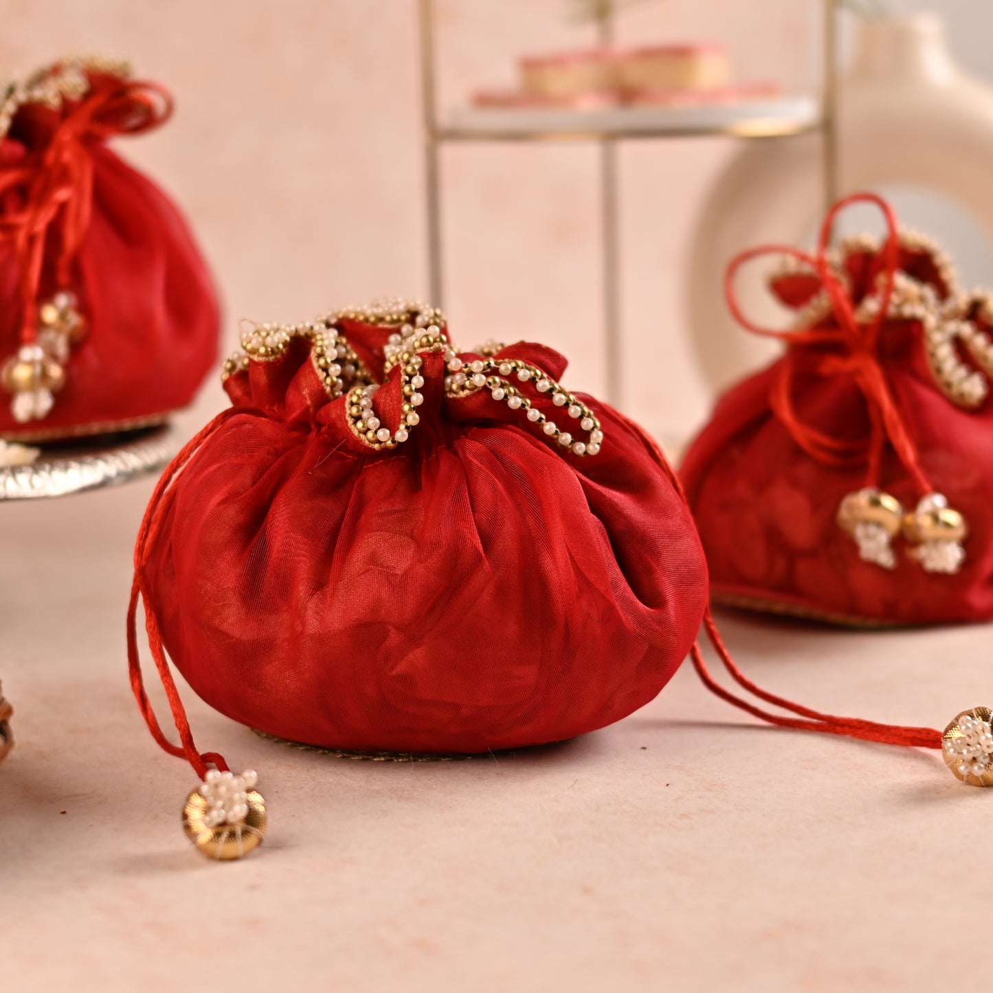 Red Handi-Shaped Favor Potli with Pearl Lace