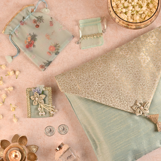 Nilasha Collection Gift Set - Saree Cover, Favor Potli, Mini potli, Coin Pouch