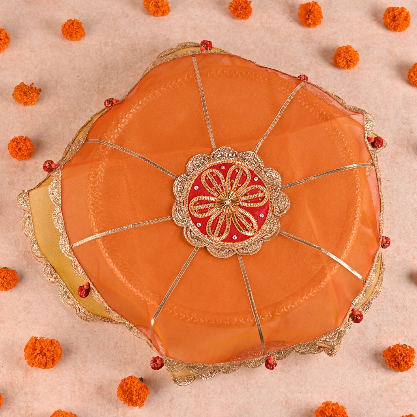 DIY Thaal Decor Set - Set of 3 (Thaal Fryll, Kalash Fryll, Thaal Posh) -Yellow Orange Color