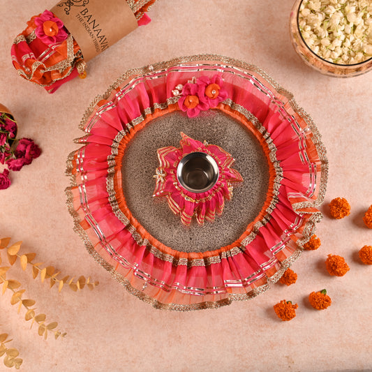 DIY Thaal Decor Set - Set of 3 (Thaal Fryll, Kalash Fryll, Thaal Posh) -Pink Orange Color