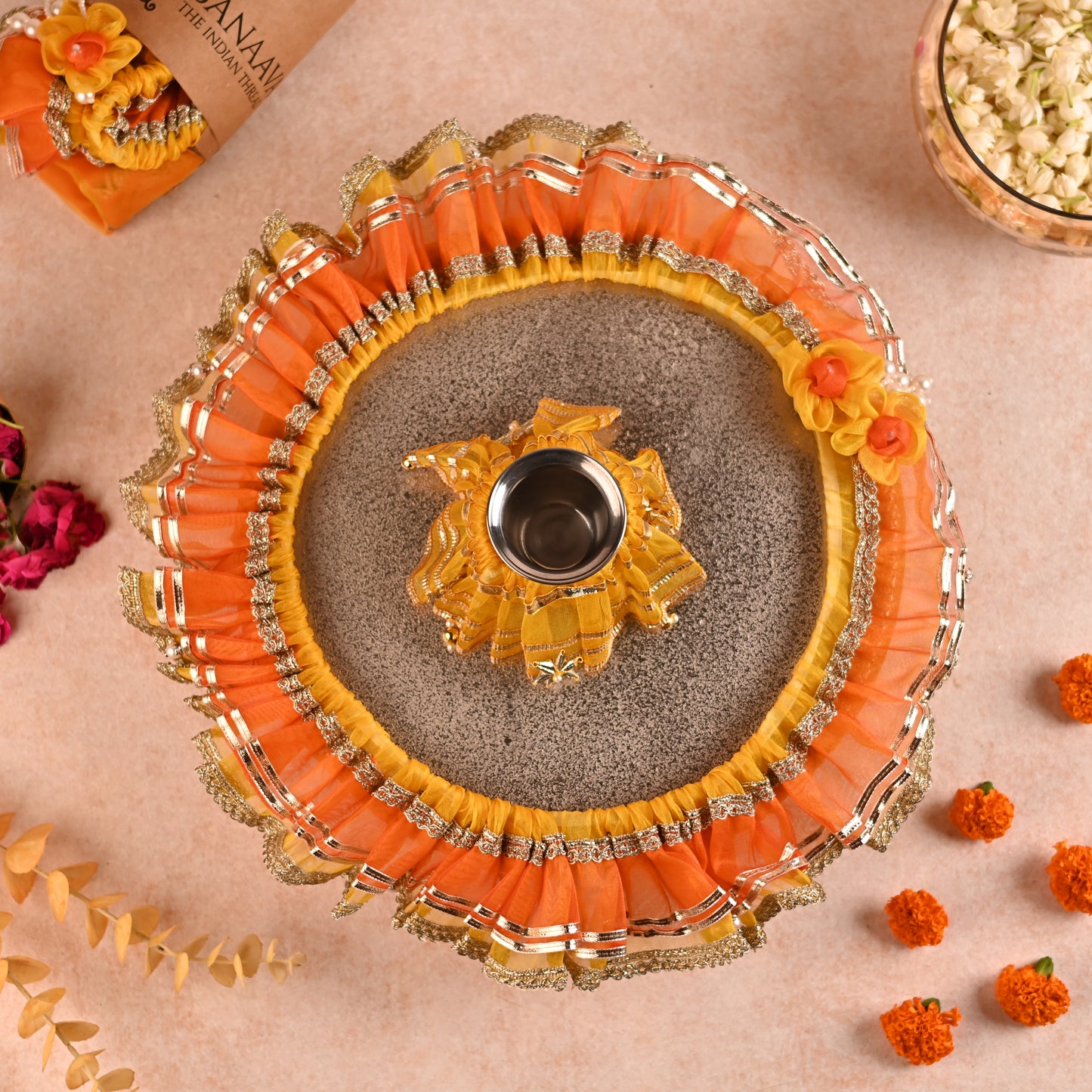 DIY Thaal Decor Set - Set of 3 (Thaal Fryll, Kalash Fryll, Thaal Posh) -Yellow Orange Color