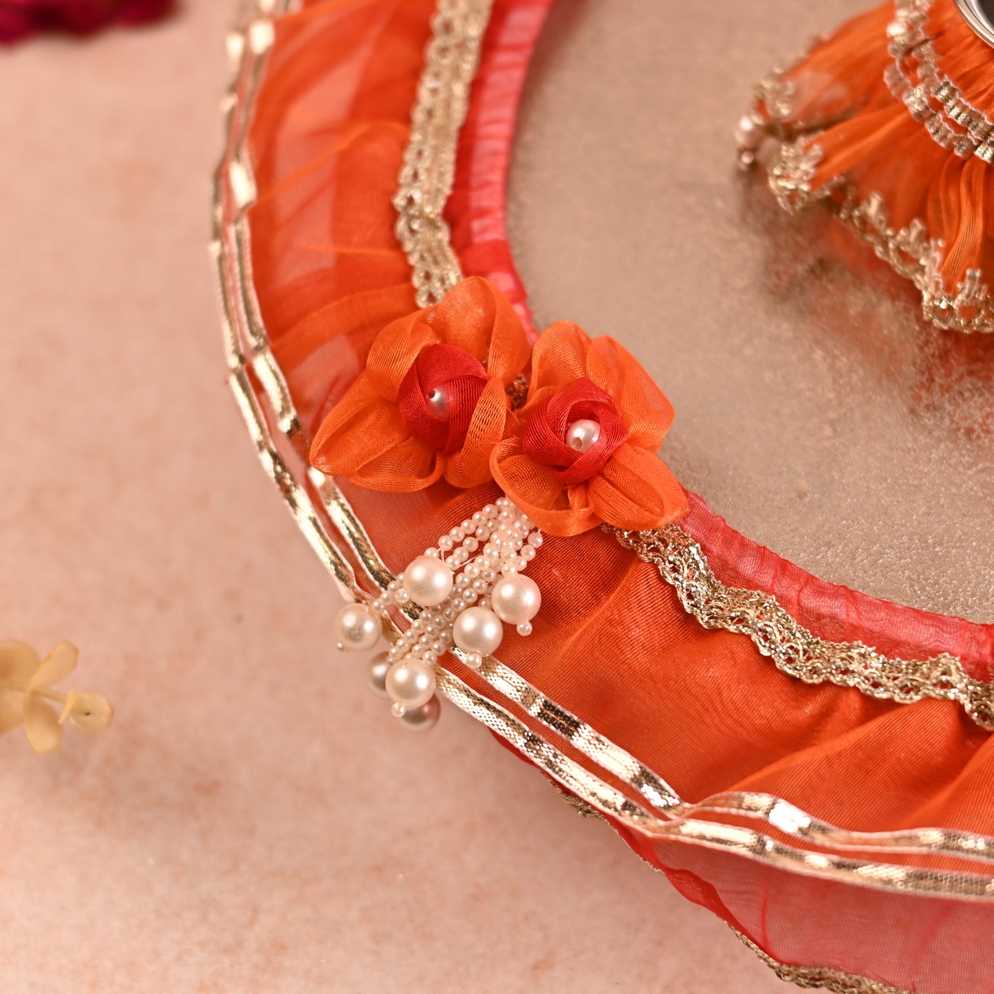 DIY Thaal Decor Set - Set of 3 (Thaal Fryll, Kalash Fryll, Thaal Posh) -Red Orange Color