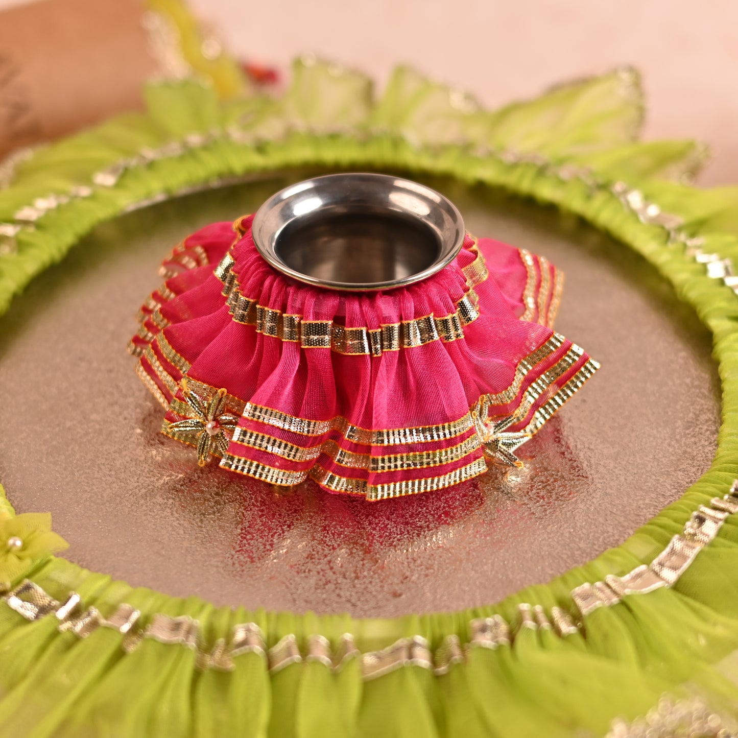 DIY Thaal Decor Set - Set of 3 (Thaal Fryll, Kalash Fryll, Thaal Posh) -Green  Pink Color