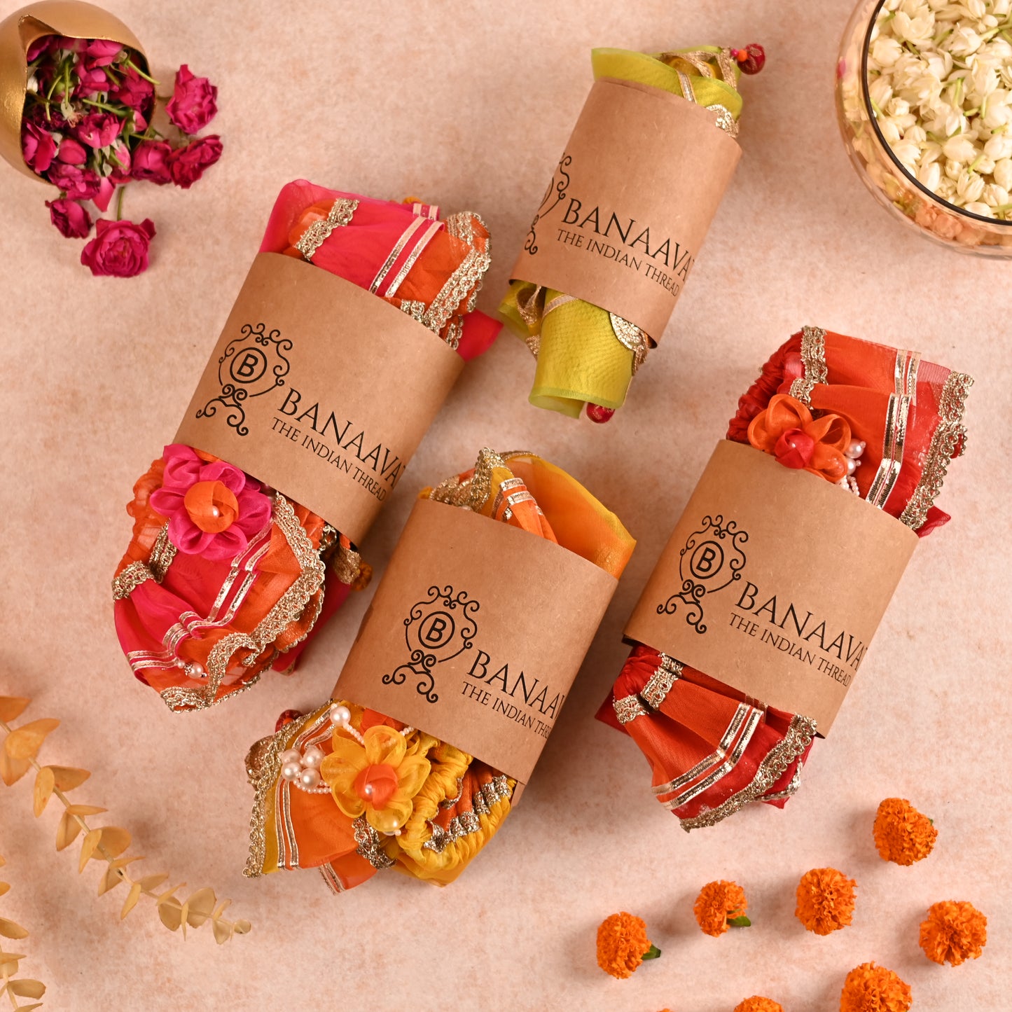 DIY Thaal Decor Set - Set of 3 (Thaal Fryll, Kalash Fryll, Thaal Posh) -Red Orange Color