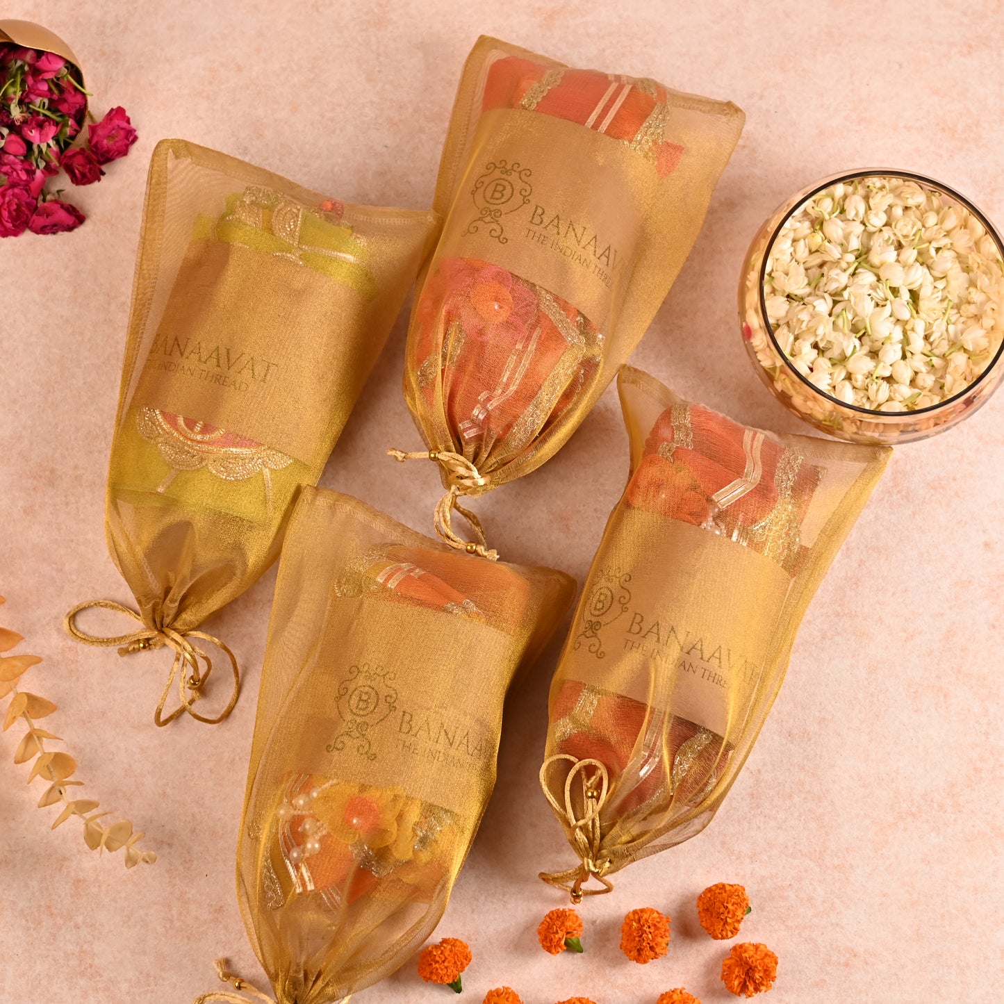 DIY Thaal Decor Set - Set of 3 (Thaal Fryll, Kalash Fryll, Thaal Posh) -Red Orange Color