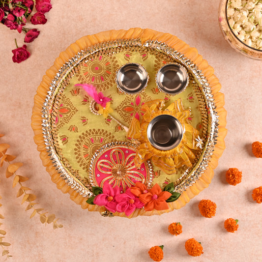 Decorated Aarti Thaal Set with Roli Chawal Bowls, Kalash, and Tilak Stick - Green