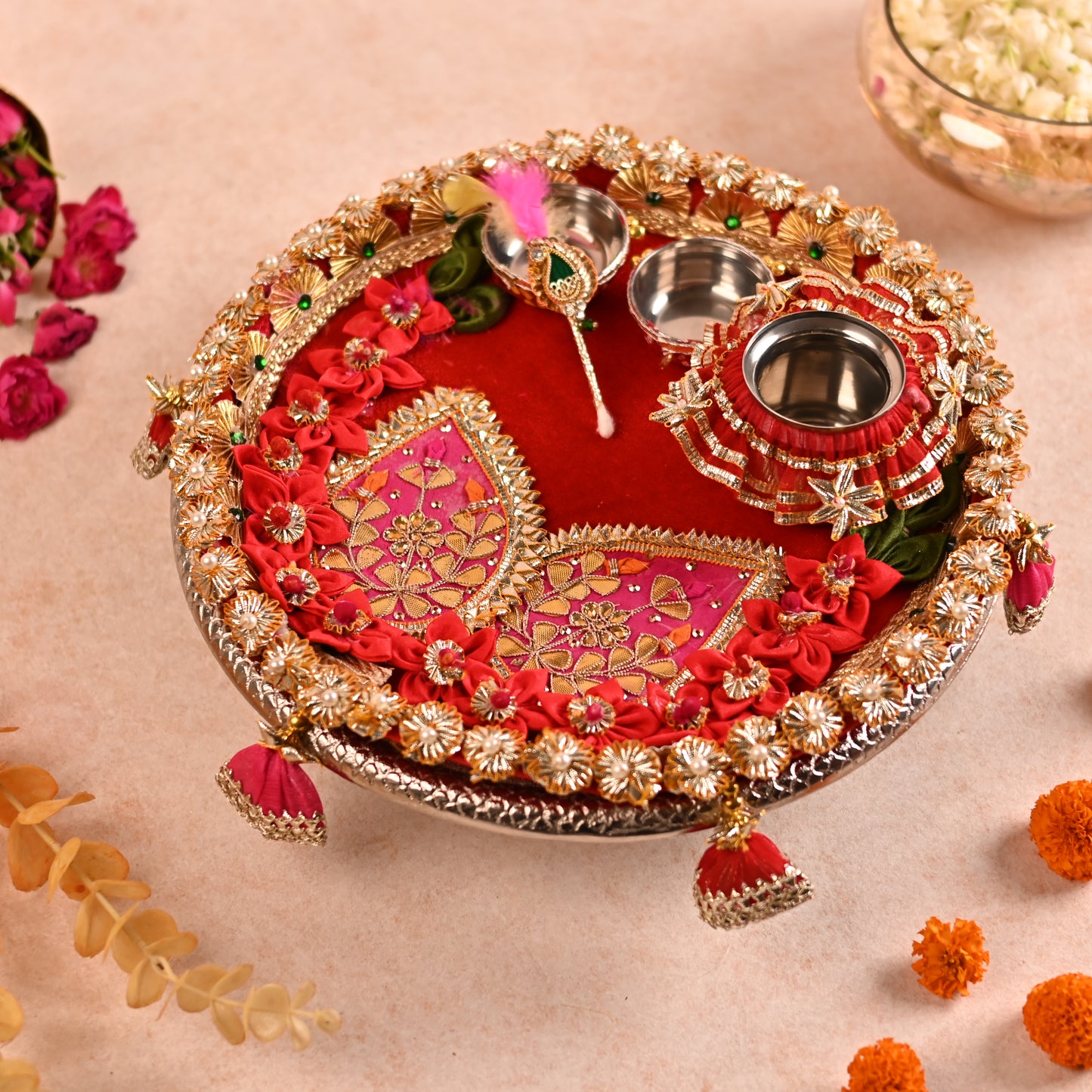 Decorated Aarti Thaal Set with Roli Chawal Bowls, Kalash, and Tilak Stick - Red