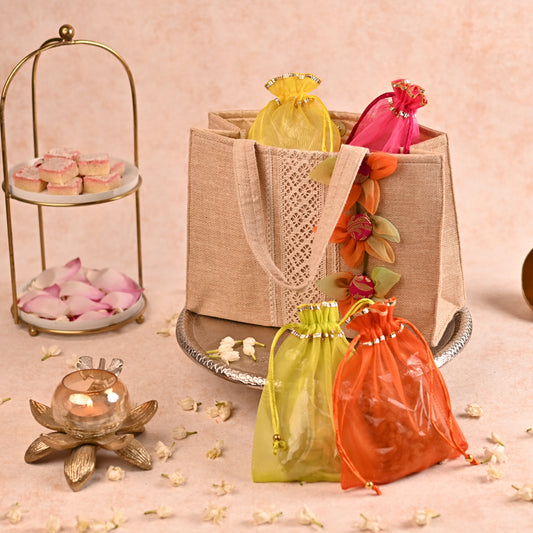 Jute Hamper Bag with Multicolor Handcrafted Flowers and 4 Tissue Potlis