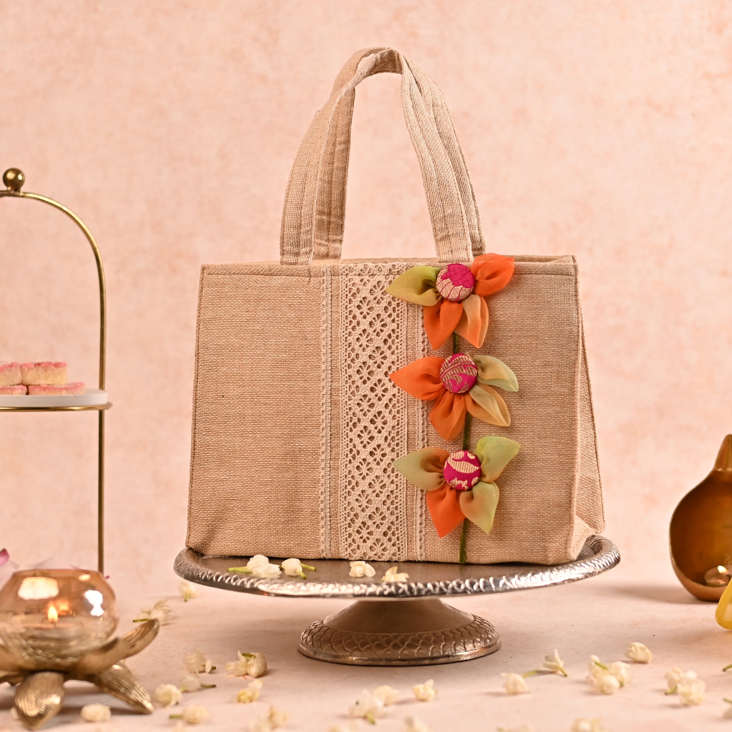 Jute Hamper Bag with Multicolor Handcrafted Flowers and 4 Tissue Potlis